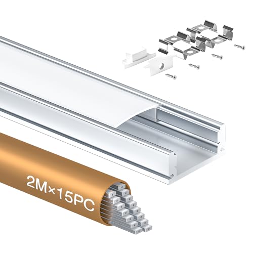 Shine Plus LED Profil U-Form 2m × 15 Stück, Schiene aus eloxiertem Aluminium, kanal für Streifen bis 12mm, diffusor für gleichmäßige Lichtverteilung (15×2 Meter) von Shine Plus