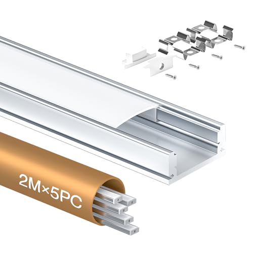 Shine Plus LED Profil U-Form 2m × 5 Stück, Schiene aus eloxiertem Aluminium, kanal für Streifen bis 12mm, diffusor für gleichmäßige Lichtverteilung (5×2 Meter) von Shine Plus