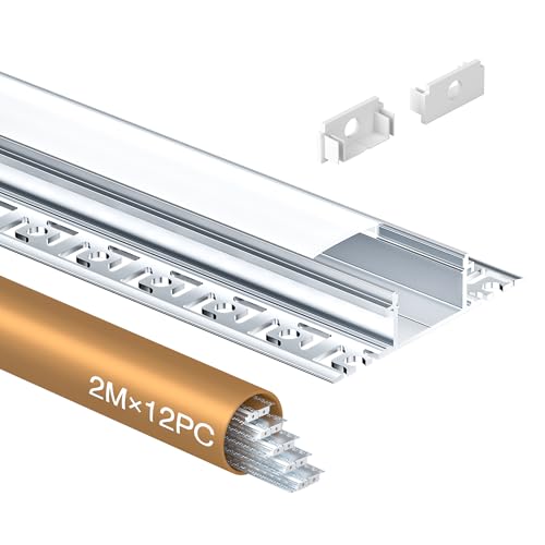 LED Trockenbauprofil 2m x 12 Stück und strip Profil Unterputz Schiene aus Eloxiertem LED Aluminium Profil Kanal für Streifen bis 20mm, Diffusor für Gleichmäßige Lichtverteilung (12×2Meter) von Shine Plus