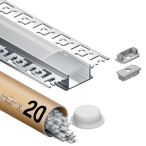 Shine Plus LED Aluminium Profil 2m - 20 Stück Einbauprofil für LED Streifen, Trockenbauprofil mit milchiger Abdeckung, LED Kanal für Gipskarton Decke und Wandmontage von Shine Plus