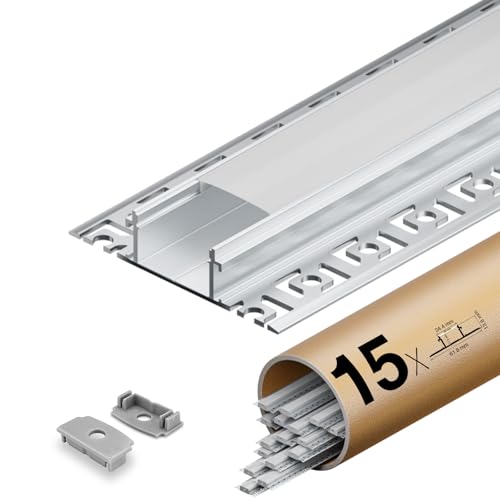 Shine Plus LED Aluminium Profil für Led-Streifen 15 x 2 m, Mit milchweißer PC-Abdeckung, LED Trockenbauprofil 24,4 mm (Flügel 61,8 mm) x 13,8 mm, Unterstützt die maximale Breite des Streifens 20 mm von Shine Plus