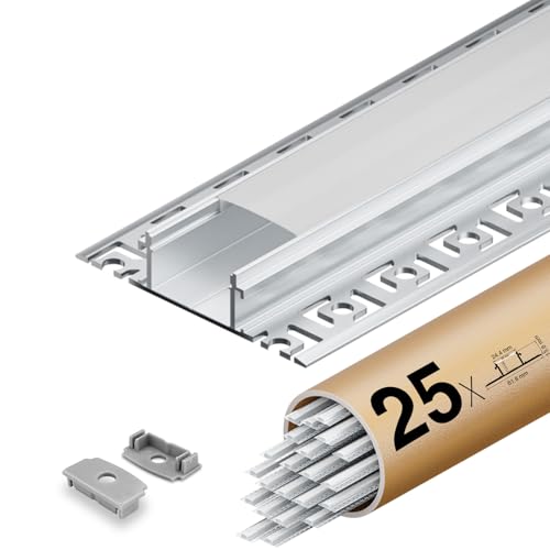 Shine Plus LED Aluminium Profil für Streifen 25 x 2m LED Profil mit undurchsichtiger PC-Abdeckung Alu Profil Größe 24,4 mm (Lamellen 61,8mm) x 12,8mm Unterstützt die Max Breite des Streifens 20mm von Shine Plus