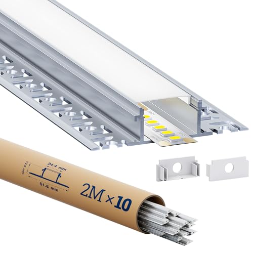 Shine Plus 10 x LED Aluminiumprofil 2 m Lichtdiffusor-Schiene für LED-Streifen, Diffusor - Trockenbauprofil 24,4 mm × 13,8 mm, Innenbreite 20 mm, mit milchiger PC-Abdeckung von Shine Plus