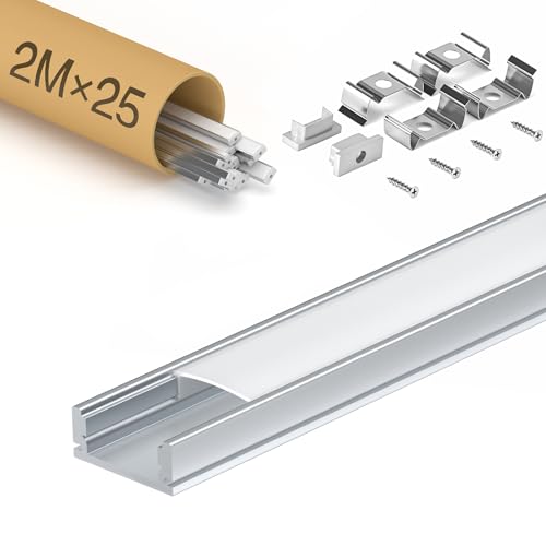 Shine Plus LED Profil 2 m x 25 Stück, U-förmiger Kanal, Mattabdeckung, kompatibel mit LED-Streifen mit einer Breite von weniger als 12 mm., Abmessungen 17,4 mm x 7 mm von Shine Plus