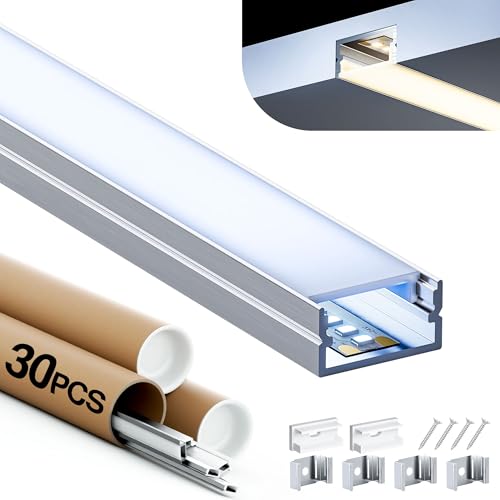 Shine Plus LED-Profil 2m, U-Form LED Schiene Kanal Milchweißer Lichtdiffusor, Aluminiumprofil Größe 19,7 mm x 10 mm, geeignet für lineare Wohnbeleuchtung (30 Stück) von Shine Plus
