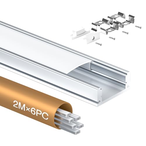 Shine Plus LED Profil U-Form 2m × 6 Stück, Schiene aus eloxiertem Aluminium, kanal für Streifen bis 12mm, diffusor für gleichmäßige Lichtverteilung (6×2 Meter) von Shine Plus
