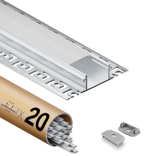 Shine Plus 20 LED Aluminiumprofil 2 m Lichtdiffusor-Schiene für LED‑Streifen, Trockenbauprofil Breite 24,4 mm (mit Flügeln 61,8 mm) Höhe 12,5 mm, Innenbreite 20 mm, mit milchiger PC-Abdeckung von Shine Plus