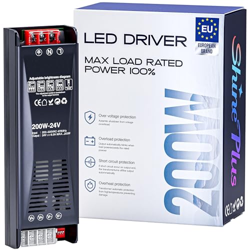 Shine Plus LED Trafo 24V Netzteil 200W Treiber Schaltnetzteil Transformator AC 230V auf DC 24 Volt, Einstellbare Helligkeit 30MM Dicke Konstantspannung Niederspannungstransformator für LED Streifen Shine Plus LED Trafo 24V Netzteil 200W Treiber Schaltnetzteil Transformator AC 230V auf DC 24 Volt, Einstellbare Helligkeit 30MM Dicke Konstantspannung Niederspannungstransformator für LED Streifen von Shine Plus