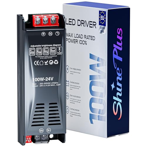 Shine Plus LED Trafo 24V Transformator 100W Treiber Schaltnetzteil Netzteil AC 230V auf DC 24 Volt, Einstellbare Helligkeit 30MM Dicke Konstantspannung Niederspannungstransformator für LED Streifen Shine Plus LED Trafo 24V Transformator 100W Treiber Schaltnetzteil Netzteil AC 230V auf DC 24 Volt, Einstellbare Helligkeit 30MM Dicke Konstantspannung Niederspannungstransformator für LED Streifen von Shine Plus