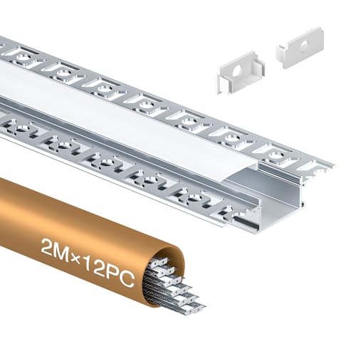 Shine Plus LED Trockenbauprofil 2m mit Abdeckung milchig, UP Trockenbau Profile für LED Streifen bis 20 mm, Aluminium Profil Trockenbau, Profil Trockenbau Decke Wand Schattenfuge (12×2Meter) von Shine Plus
