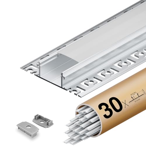 Shine Plus 30 LED Profil 2m für Streifen, Trockenbauprofil mit undurchsichtiger PC-Abdeckung, LED Profil Größe 24,4 mm (Lamellen 61,8 mm) x 12,5 mm, Unterstützt die Max Breite des Streifens 20 mm von Shine Plus