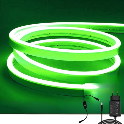 ShineBurky 5M Neon LED Strip Grün, 12V Neon LED Streifen Dimmbar Flexibel Wasserdicht IP65 Lichtleiste Silikon Led Neon Lichtband für Wohnzimmer Schlafzimmer Wand Deko DIY (Inklusive Netzteil) von ShineBurky