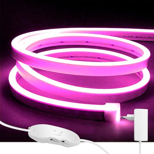 ShineBurky 5M Neon LED Strip Rosa, 12V Neon LED Streifen Dimmbar mit Netzteil, Flexibel Wasserdicht IP65 Lichtleiste Silikon LED Neon Lichtband für Wohnzimmer Schlafzimmer Wand Deko DIY von ShineBurky