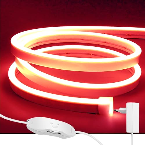 ShineBurky 5M Neon LED Strip Rot, 12V Neon LED Streifen Dimmbar Flexibel Wasserdicht IP65 Lichtleiste Silikon LED Neon Lichtband für Wohnzimmer Schlafzimmer Wand Deko DIY (Inklusive Netzteil) von ShineBurky