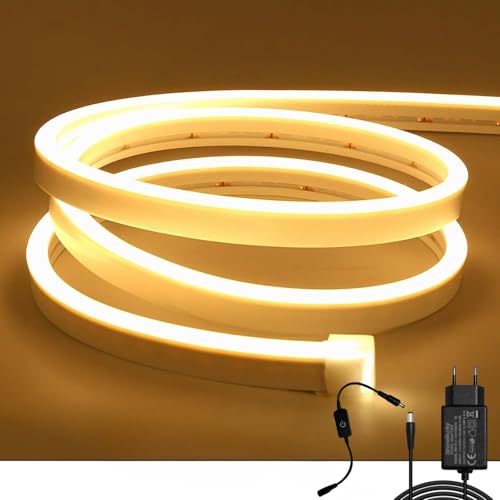 ShineBurky 5M Neon LED Strip Warmweiß, 12V Neon LED Streifen Dimmbar mit Netzteil, Flexibel Wasserdicht IP65 Lichtleiste Silikon Led Neon Lichtband für Wohnzimmer Schlafzimmer Wand Deko DIY von ShineBurky