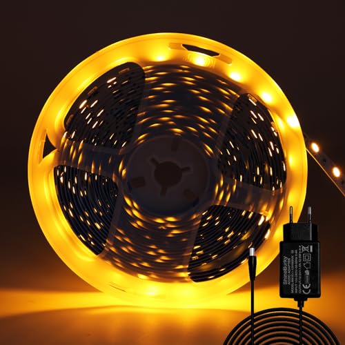 ShineBurky LED Strip 5M Gelb, LED Streifen 12V Lichtband LED Selbstklebend 300LEDs SMD5050 LED Band Beleuchtung Lichtband Strips Flexibel for Leiste Küche TV DIY Deko (Inklusive Netzteil) von ShineBurky