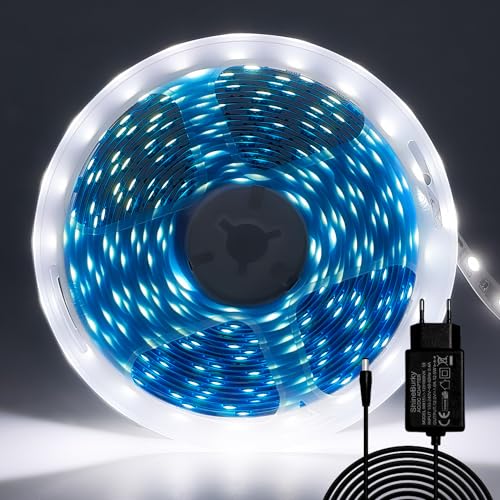 ShineBurky LED Strip 5M Kaltweiß, LED Streifen 12V Lichtband LED Selbstklebend 300LEDs SMD5050 LED Band Beleuchtung Lichtband Strips Flexibel for Leiste Küche TV DIY Deko (Inklusive Netzteil) von ShineBurky