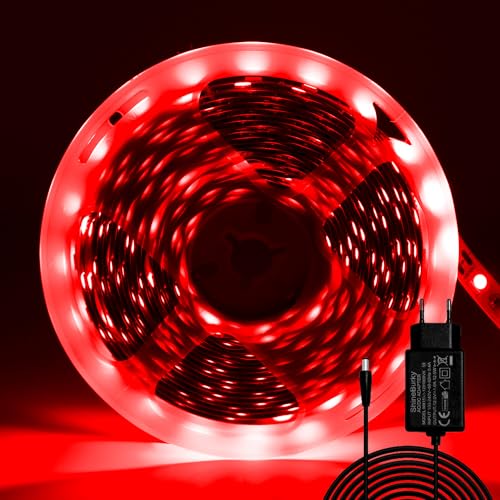 ShineBurky LED Strip 5M Rot, LED Streifen 12V Lichtband LED Selbstklebend 300LEDs SMD5050 LED Band Beleuchtung Lichtband Strips Flexibel for Leiste Küche TV DIY Deko (Inklusive Netzteil) von ShineBurky