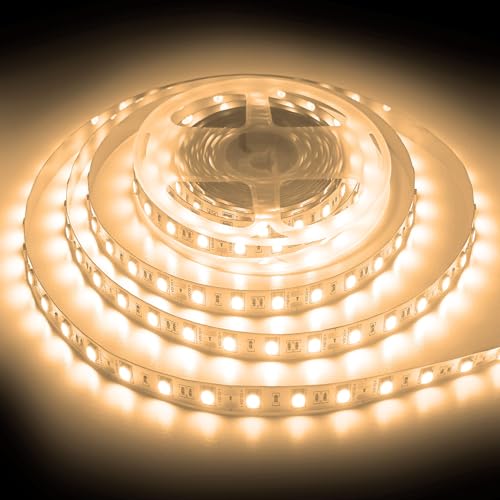ShineBurky LED Strip 5M Warmweiß, LED Streifen 12V Lichtband Selbstklebend 300LEDs SMD5050 Beleuchtung Lichtband Strips Flexibel for Leiste Küche TV DIY Deko, Kein Netzadapter von ShineBurky