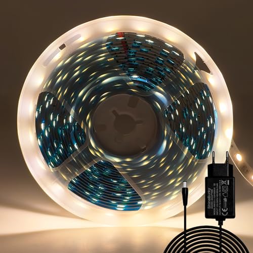 ShineBurky LED Strip 5M Warmweiß, LED Streifen 12V Lichtband LED Selbstklebend 300LEDs SMD5050 LED Band Beleuchtung Lichtband Strips Flexibel for Leiste Küche TV DIY Deko (Inklusive Netzteil) von ShineBurky