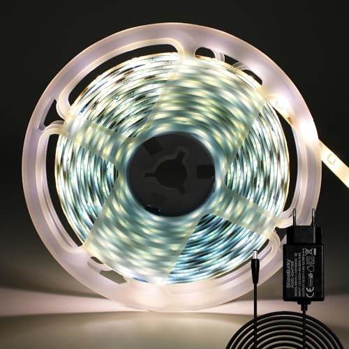 ShineBurky LED Strip 5M Warmweiß, LED Streifen 12V Lichtband LED Selbstklebend IP65 Wasserdicht LED Band Beleuchtung Lichtband Strips Flexibel for Leiste Küche TV DIY Deko (Inklusive Netzteil) von ShineBurky