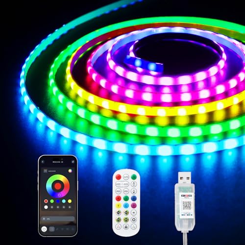 ShineBurky RGB+IC USB COB LED Streifen 2M Pixeladressierbare, 5V RGB Smart IC Farbwechsel LED Strip Dimmbar, Multicolor Flexible Tape Licht mit APP Steuerung, Music Sync für TV Party Schlafzimmer Deko von ShineBurky