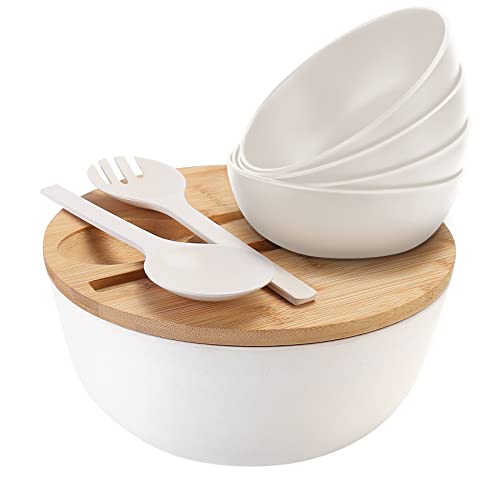 Salatschüssel-Set, 24.9 cm, weiß, große Salatschüssel mit Deckel, Bambusfaser, Obst, Gemüse und Nudeln von ShineMe