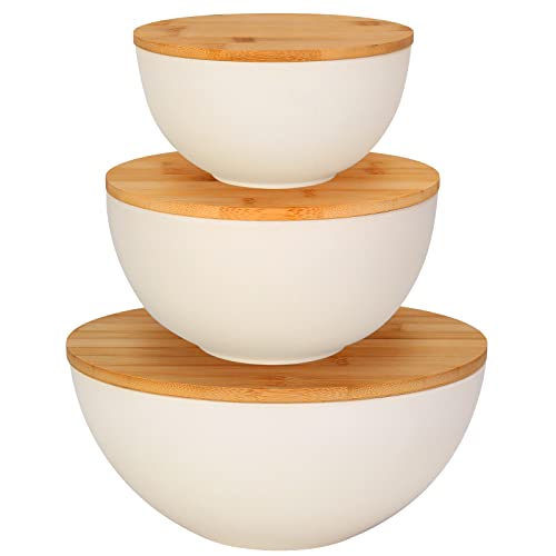 ShineMe Salatschüsseln mit Deckel, Set mit 3 natürlichen Bambusfaser-Servierschalen mit Utensilien und Deckeln, 25.4 cm Rührschüssel zum Zubereiten und Servieren von Müsli, Popcorn, Chips und Brot ShineMe Salatschüsseln mit Deckel, Set mit 3 natürlichen Bambusfaser-Servierschalen mit Utensilien und Deckeln, 25.4 cm Rührschüssel zum Zubereiten und Servieren von Müsli, Popcorn, Chips und Brot von ShineMe