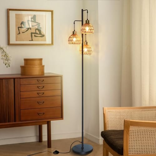 ShineMuse Boho Rattan Stehlampe Wohnzimmer,3 E27 2700K LED-Glühbirnen inkl. 170cm schwarz Vintage Stehlampe Stehleuchte & Fußschalter von ShineMuse