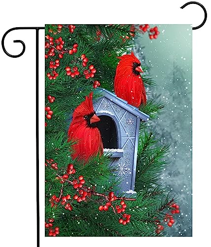 ShineSnow Red Birds Cardinal Winter Schnee Beeren Zweige Vogelhaus Feeder Weihnachten Garten Hof Flagge 30,5 x 45,7 cm doppelseitige Polyester Willkommen Haus Flagge für Terrasse Rasen Outdoor von ShineSnow