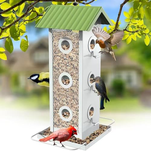 Shineforu Eichhörnchensichere Vogelfutterstation zum Aufhängen im Freien, 14 Anschlüsse, Vogelbeobachtung, komplett aus Metall, wasserdicht und leicht zu reinigen, lockt Kardinäle, Finken, Küken und von Shineforu