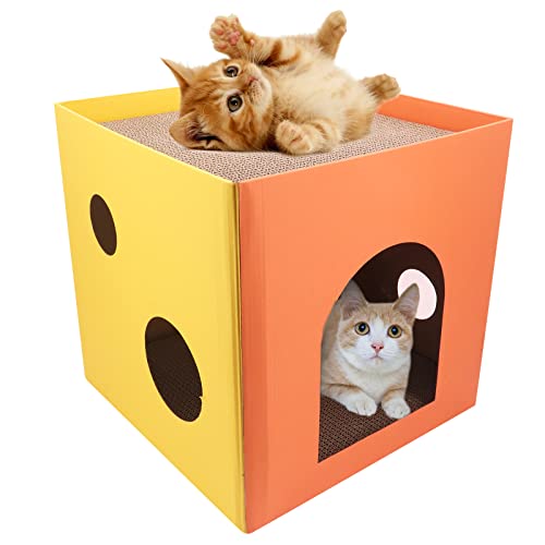 Katzenhaus aus Karton, Katzenbox, faltbar, Katzenhöhle mit Katzenminze und 2 abnehmbaren Kratzern, für Katzen und kleine Hunde (Orange) von Shineyoo