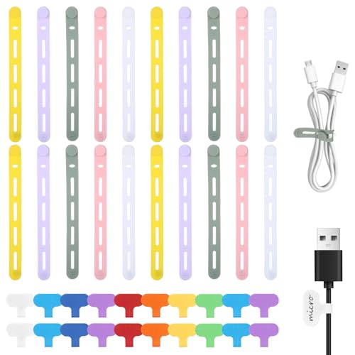 20 Stück Kabelbinder Wiederverschließbar, Wiederverwendbare Kabelbinder mit 20 Kabelbeschriftung, mit Schlossschnalle, für Cable Management (20 erweiterte farbige Krawatten + 20 farbige Etiketten) von ShinherYee