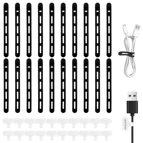 20 Stück Kabelbinder Wiederverschließbar, Wiederverwendbare Kabelbinder mit 20 Kabelbeschriftung, mit Schlossschnalle, für Cable Management (20 extralange schwarze Krawatten + 20 weiße Etiketten) von ShinherYee