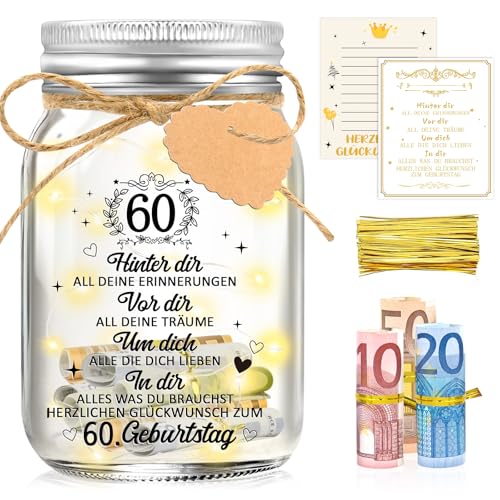Shining She 60 Geburtstag Frau Mann, LED Flaschenlicht Geldgeschenke Geburtstag, Geschenke zum 60 Geburtstag Frau, 60. Geburtstagsgeschenk Geldgeschenke Verpackung Leuchtflasche Geschenkideen Deko von Shining She