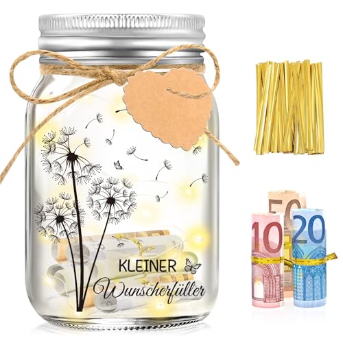 Shining She Wunscherfüller Geldgeschenk Pusteblume LED Flaschenlicht, Jugendweihe Geschenke Mädchen Junge Konfirmation Geschenk, Geldgeschenke Verpackung Leuchtflasche für Frauen Reisen Hochzeit von Shining She