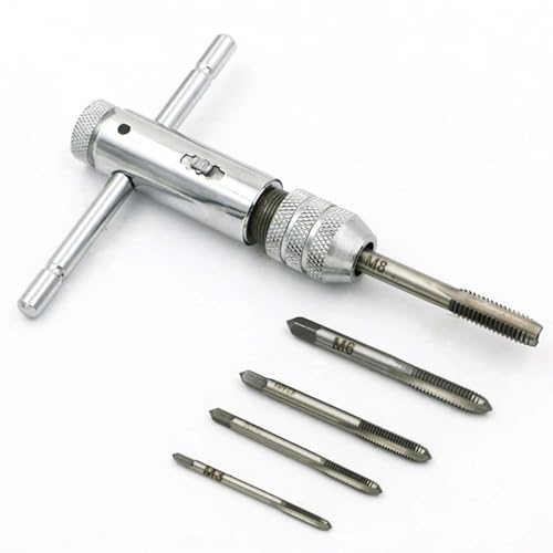 ShiningUU Verstellbares T-Griff-Ratschenschlüssel-Set, metrisches Werkzeug, Stahl, Gewindebohrer und Schneideisen-Set mit 1 Windeisen + 5 M3-M8-Gewindebohrer (3 mm-8 mm), Maschinenschraubgewinde von ShiningUU