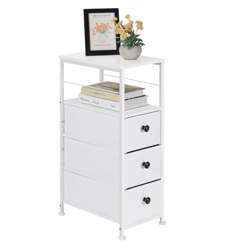 Kommode Schmal, Aufbewahrungsschrank mit 3 Schubladen aus Stoff und Holzregal, Aufbewahrungskommode Kommodenschrank für Schlafzimmer Wohnzimmer Kinderzimmer Flur, Metallrahmen, Weiß von Shinoske