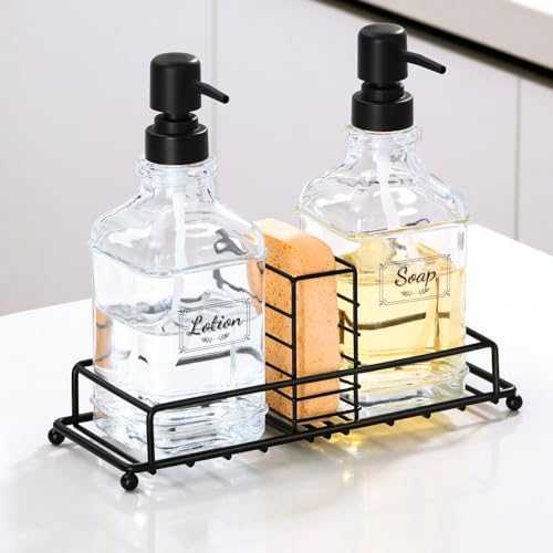 Shinowa Seifenspender Set mit Eisen Ständer, 2 Stück Glas Nachfüllbar Pumpspender Pumpflasche, Multifunktional Flüssigseife Spender Spülmittelspender mit Pumpe für Badezimmer Küchen, Schwarz von Shinowa