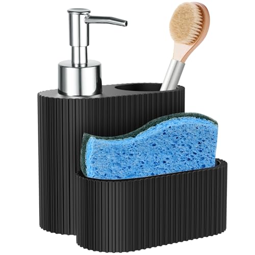 Shinowa Seifenspender mit Schwammhalter, Marmor Look flüssige Hand und Dish Seifenspender und Schwamm Caddy mit Bürstenhalter, 3 in 1 Countertop Veranstalter für Küche und Bad, Mattschwarz von Shinowa