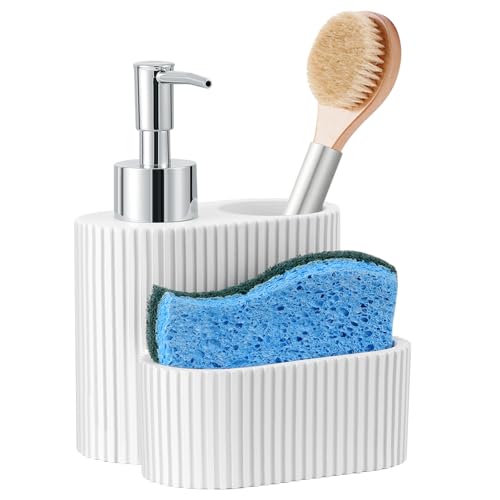 Shinowa Seifenspender mit Schwammhalter, Marmor Look flüssige Hand und Dish Seifenspender und Schwamm Caddy mit Bürstenhalter, 3 in 1 Countertop Veranstalter für Küche und Bad von Shinowa