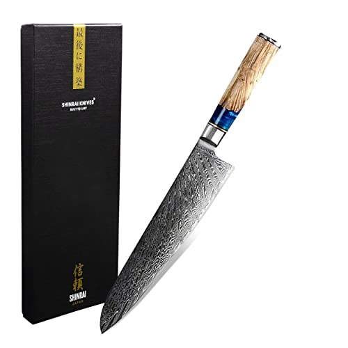 Shinrai Japan - Japanisches Messer 20 cm - Japanisches Kochmesser - Damastmesser aus 67 Lagen Damaststahl - Epoxy-Saphir - Damast Küchenmesser Mit Luxus-Geschenkbox von Shinrai Japan