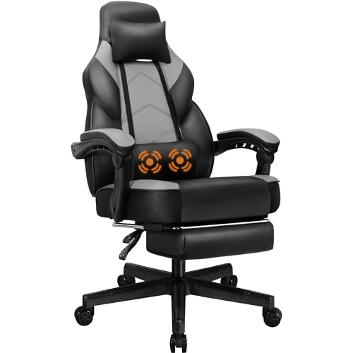 Shintenchi Gaming-Stuhl, Computerstuhl mit Fußstütze und Lendenwirbelstütze, Videospiel-Stuhl, höhenverstellbar, Racing-Stil, Computerstuhl mit 360° drehbarem Sitz und Kopfstütze (grau) von Shintenchi