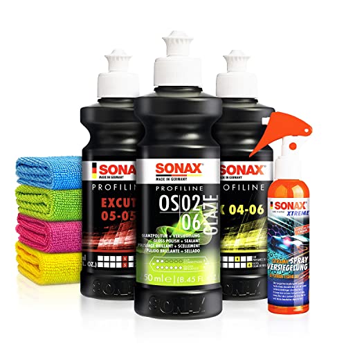 Politur Set: Sonax ExCut 05-05 + Ex 04-06 + OS 02-06 (je 250ml) + Sonax Ceramic Spray Versiegelung - Zur starken Defektkorrektur und maximalen Hochglanz - Auto polieren | 8-teilig Politur Set: Sonax ExCut 05-05 + Ex 04-06 + OS 02-06 (je 250ml) + Sonax Ceramic Spray Versiegelung - Zur starken Defektkorrektur und maximalen Hochglanz - Auto polieren | 8-teilig von Shiny Freaks