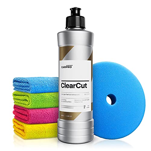 Autopolitur Set: CarPro ClearCut Schleifpolitur (250g) - Rapid Cut Compound für starke Defektkorrekturen am Autolack - Für Exzenter oder Rotation - Auto polieren, Schleifpaste, Heavy Cut | 6-teilig von Shiny Freaks