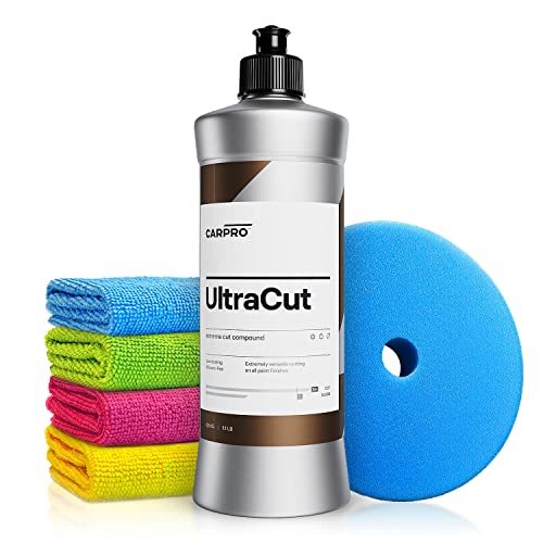 Autopolitur Set: CarPro UltraCut Schleifpolitur (500g) - Extreme Cut Compound für starke Defektkorrekturen am Autolack - Für Exzenter oder Rotation - Auto polieren, Schleifpaste, Heavy Cut | 6-teilig von Shiny Freaks