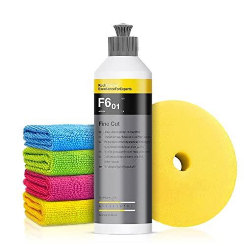 Autopolitur Set: Koch Chemie Fine Cut F6.01 Feinschleifpolitur (250ml) - Beseitigt mittelstarke Kratzer - Für alle Lacke - Exzenter oder Rotation - Auto polieren, Politur, Feinschleifpaste | 6-teilig von Shiny Freaks