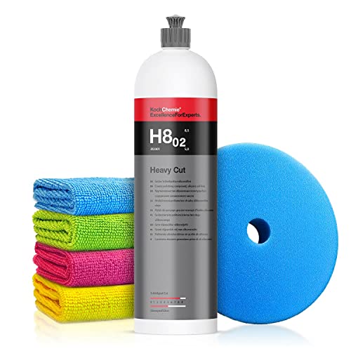 Autopolitur Set: Koch Chemie Heavy Cut H8.02 Schleifpolitur (1L) - Zur Aufereitung stark verwitterter Lacke - Für alle Lacke - Exzenter oder Rotation - Auto polieren, Politur, Schleifpaste | 6-teilig von Shiny Freaks