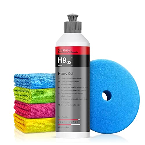 Autopolitur Set: Koch Chemie Heavy Cut H9.02 Schleifpolitur (250ml) - Zur Beseitigung von tiefen Kratzern - Für alle Lacke - Exzenter oder Rotation - Auto polieren, Politur, Schleifpaste | 6-teilig von Shiny Freaks