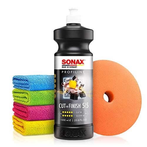 Autopolitur Set: Sonax Profiline Cut+Finish One-Step Politur (1L) - Innovative Politur zur schnellen Beseitigung von Fehlstellen - Auto polieren, Schleifpolitur, Glanzpolitur | 6-teilig von Shiny Freaks